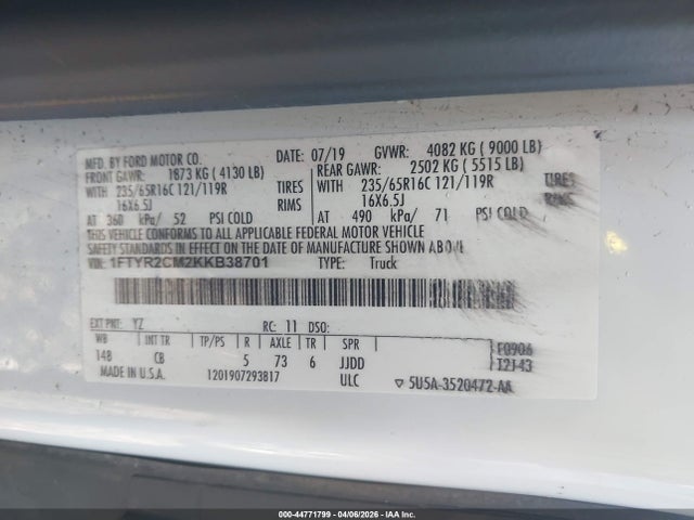 Aukcja sprzedaży 2019 Ford Transit-250, vin: 1FTYR2CM2KKB38701, numer aukcji: 44771799