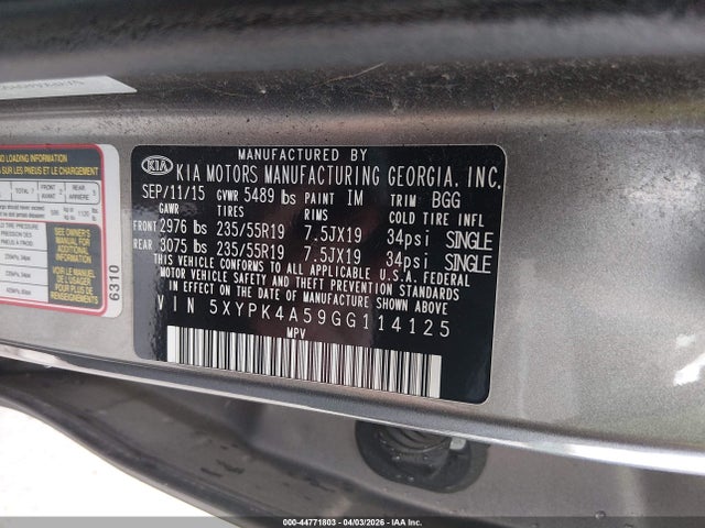 5XYPK4A59GG114125 KIA Sorento 3.3l Sx