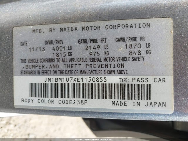 2014 Mazda Mazda3 I Sport მანქანა იყიდება აუქციონზე, vin: JM1BM1U7XE1150855, აუქციონის ნომერი: 44771806