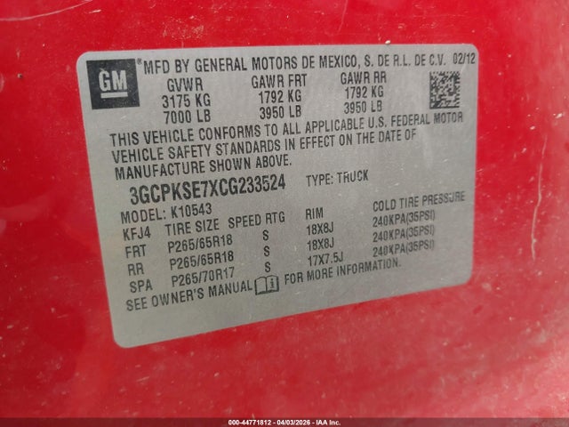 Aukcja sprzedaży 2012 Chevrolet Silverado 1500 Lt, vin: 3GCPKSE7XCG233524, numer aukcji: 44771812