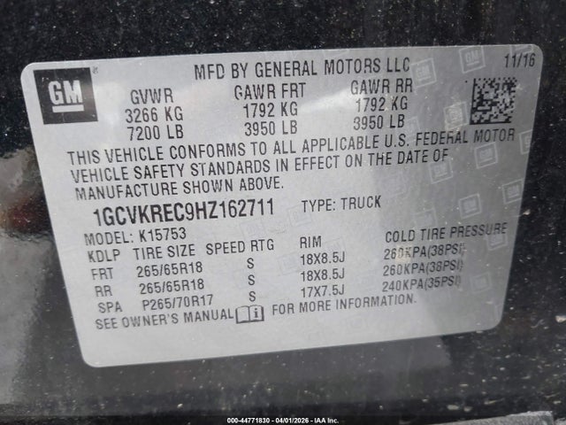 Aukcja sprzedaży 2017 Chevrolet Silverado 1500 2lt, vin: 1GCVKREC9HZ162711, numer aukcji: 44771830