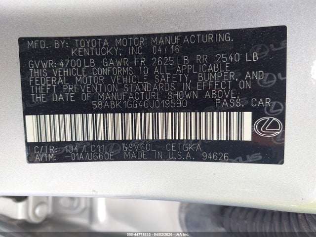Aukcja sprzedaży 2016 Lexus Es 350, vin: 58ABK1GG4GU019590, numer aukcji: 44771835