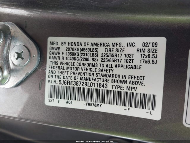 Aukcja sprzedaży 2009 Honda Cr-v Ex-l, vin: 5J6RE38729L011843, numer aukcji: 44771836