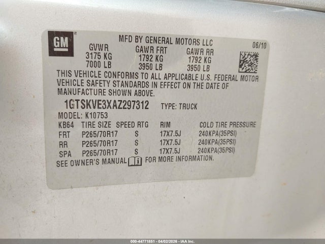 Aukcja sprzedaży 2010 Gmc Sierra 1500 Sle, vin: 1GTSKVE3XAZ297312, numer aukcji: 44771851