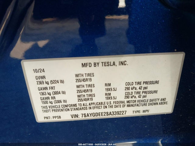 Продаж на аукціоні авто 2025 Tesla Model Y Long Range Dual Motor All-wheel Drive, vin: 7SAYGDEE2SA339227, номер лоту: 44771858