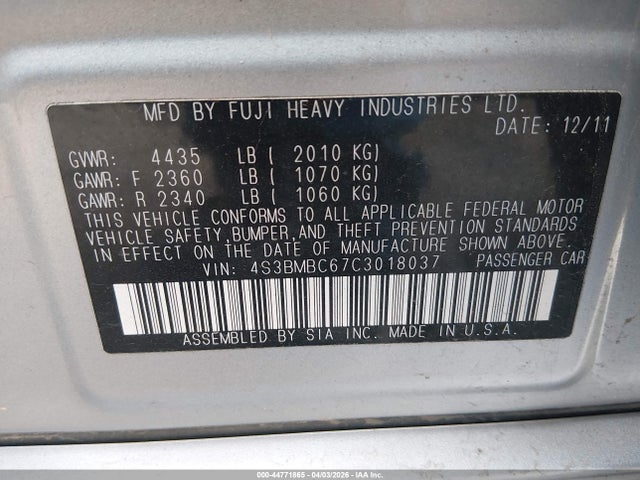 Aukcja sprzedaży 2012 Subaru Legacy 2.5i Premium, vin: 4S3BMBC67C3018037, numer aukcji: 44771865