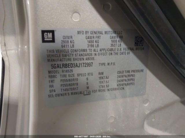 44771887 :رقم المزاد ، 5GALRBED3AJ172997 vin ، 2010 Buick Enclave 1xl مزاد بيع