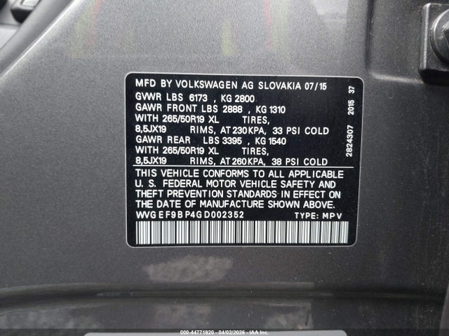 Aukcja sprzedaży 2016 Volkswagen Touareg Vr6 Lux, vin: WVGEF9BP4GD002352, numer aukcji: 44771920