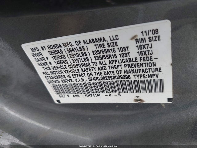 2009 HONDA ODYSSEY 5FNRL38259B029398 Photo 8