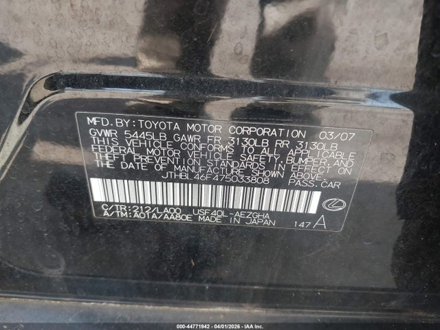 Продаж на аукціоні авто 2007 Lexus Ls 460, vin: JTHBL46F475033808, номер лоту: 44771942