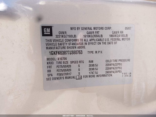Продажа на аукционе авто 2007 Gmc Yukon Denali, vin: 1GKFK63877J380763, номер лота: 44771951