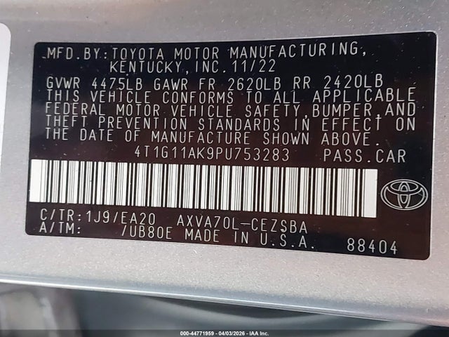 Продажа на аукционе авто 2023 Toyota Camry Se, vin: 4T1G11AK9PU753283, номер лота: 44771959