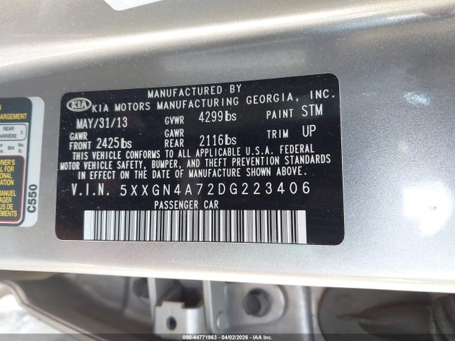44771963 :رقم المزاد ، 5XXGN4A72DG223406 vin ، 2013 Kia Optima Ex مزاد بيع