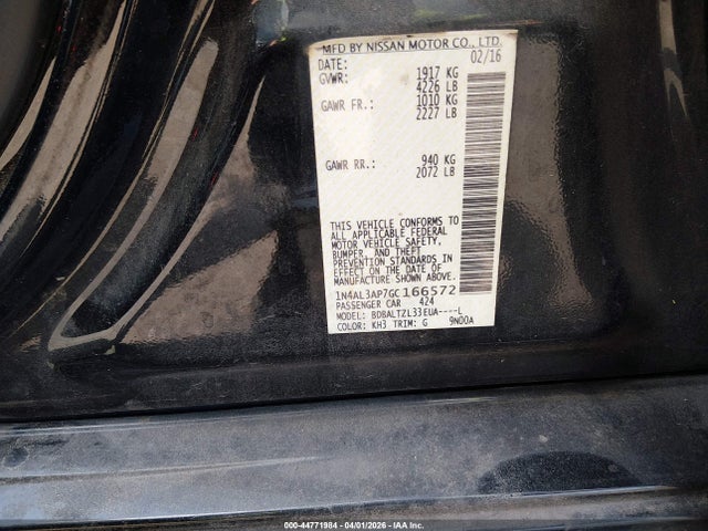 2016 Nissan Altima 2.5 Sl მანქანა იყიდება აუქციონზე, vin: 1N4AL3AP7GC166572, აუქციონის ნომერი: 44771984