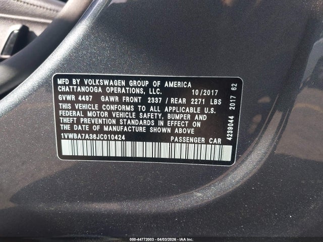 2018 Volkswagen Passat 2.0t Se მანქანა იყიდება აუქციონზე, vin: 1VWBA7A36JC010424, აუქციონის ნომერი: 44772003