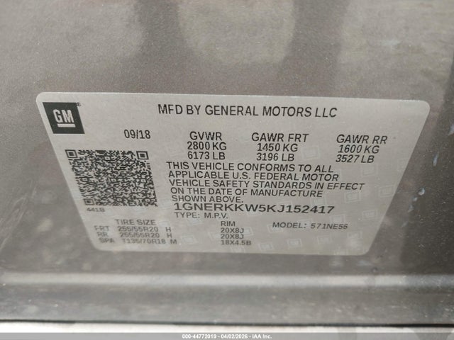 44772019 :رقم المزاد ، 1GNERKKW5KJ152417 vin ، 2019 Chevrolet Traverse Premier مزاد بيع