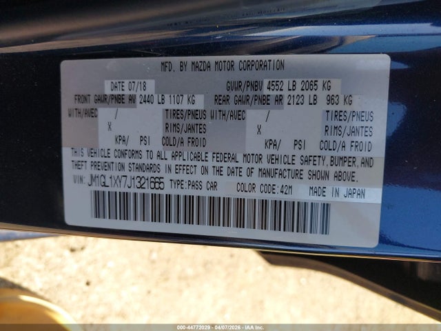 44772029 :رقم المزاد ، JM1GL1XY7J1321665 vin ، 2018 Mazda Mazda6 Signature مزاد بيع