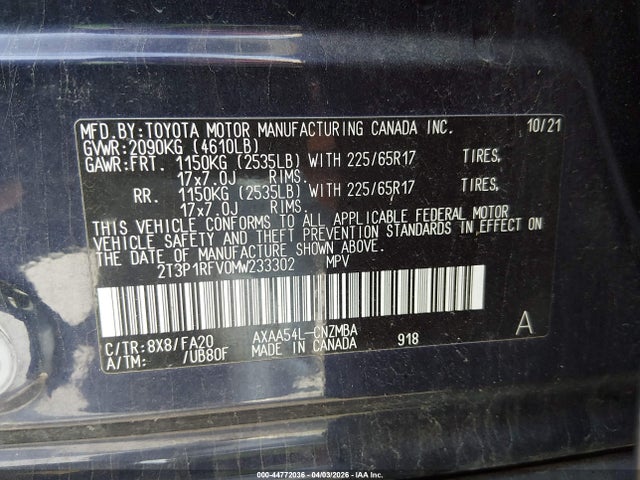 Aukcja sprzedaży 2021 Toyota Rav4 Xle, vin: 2T3P1RFV0MW233302, numer aukcji: 44772036