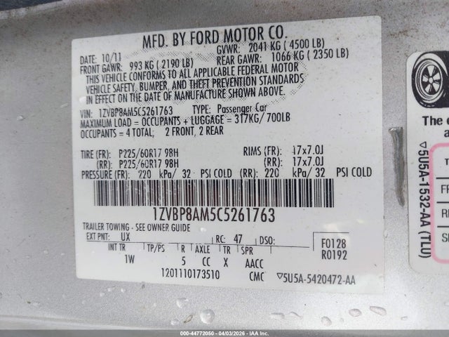 Aukcja sprzedaży 2012 Ford Mustang V6, vin: 1ZVBP8AM5C5261763, numer aukcji: 44772050