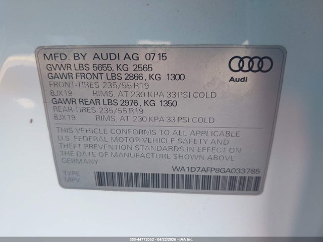 2016 Audi Q5 3.0t Premium Plus მანქანა იყიდება აუქციონზე, vin: WA1D7AFP8GA033785, აუქციონის ნომერი: 44772052