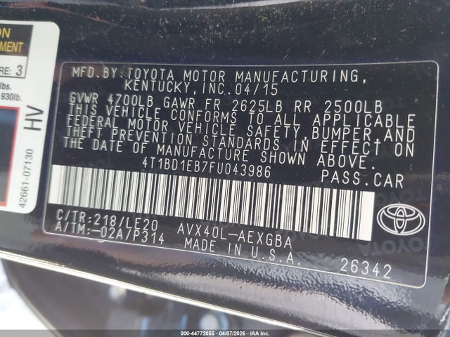 4T1BD1EB7FU043986 Toyota Avalon Hybrid Xle Touring