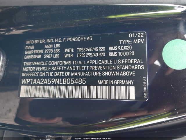 Auction sale of the 2022 Porsche Macan, vin: WP1AA2A59NLB05485, lot number: 44772058
