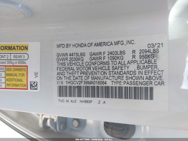 1HGCV2F39MA016064 Honda Accord Sport 2.0t