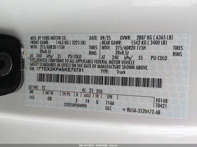 44772072 :رقم المزاد ، 1FTEX2KP4SKE75701 vin ، 2025 Ford F-150 Stx مزاد بيع