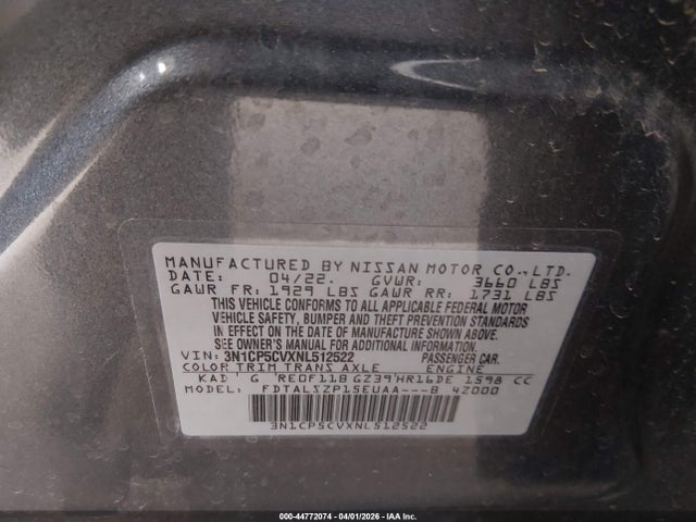 Aukcja sprzedaży 2022 Nissan Kicks Sv Xtronic Cvt, vin: 3N1CP5CVXNL512522, numer aukcji: 44772074
