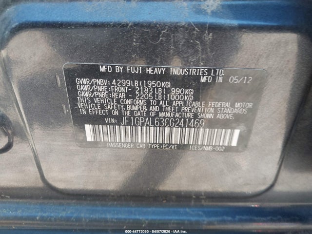 2012 Subaru Impreza 2.0i Sport Premium მანქანა იყიდება აუქციონზე, vin: JF1GPAL63CG241469, აუქციონის ნომერი: 44772090
