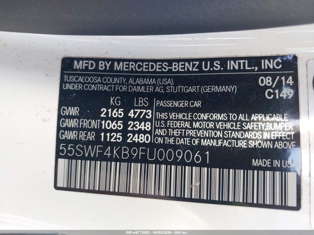 Aukcja sprzedaży 2015 Mercedes-benz C 300 Sport 4matic, vin: 55SWF4KB9FU009061, numer aukcji: 44772092