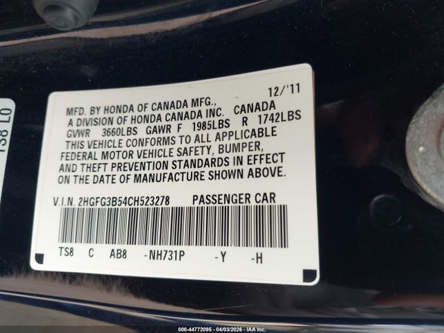 2012 Honda Civic Lx მანქანა იყიდება აუქციონზე, vin: 2HGFG3B54CH523278, აუქციონის ნომერი: 44772095