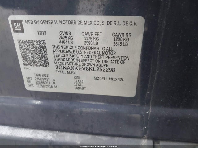 44772096 :رقم المزاد ، 3GNAXKEV8KL252298 vin ، 2019 Chevrolet Equinox Lt مزاد بيع
