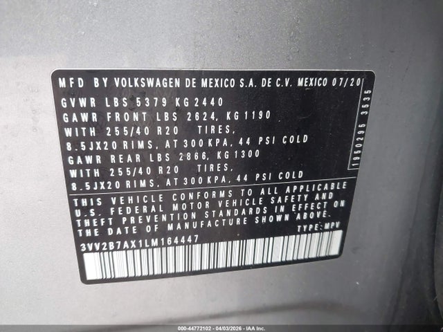 Продажа на аукционе авто 2020 Volkswagen Tiguan 2.0t Se/2.0t Se R-line Black/2.0t Sel, vin: 3VV2B7AX1LM164447, номер лота: 44772102