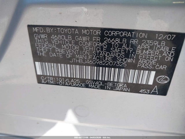 Aukcja sprzedaży 2008 Lexus Es 350, vin: JTHBJ46G982207325, numer aukcji: 44772108