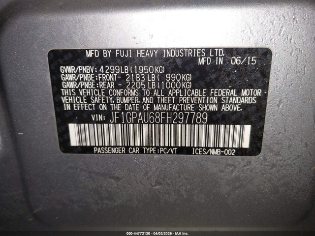 2015 Subaru Impreza 2.0i Sport Premium მანქანა იყიდება აუქციონზე, vin: JF1GPAU68FH297789, აუქციონის ნომერი: 44772130
