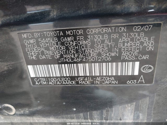 Aukcja sprzedaży 2007 Lexus Ls 460 L, vin: JTHGL46F475012706, numer aukcji: 44772138