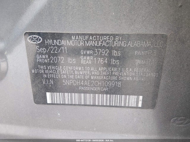 Aukcja sprzedaży 2012 Hyundai Elantra Limited, vin: 5NPDH4AE2CH109918, numer aukcji: 44772139