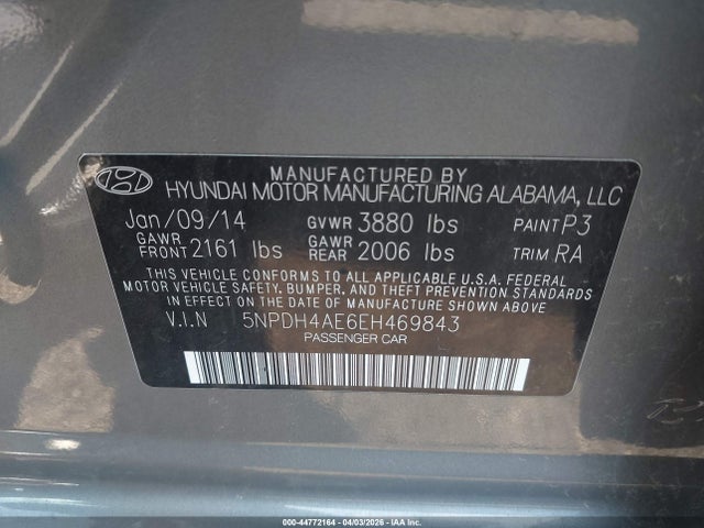 44772164 :رقم المزاد ، 5NPDH4AE6EH469843 vin ، 2014 Hyundai Elantra Se مزاد بيع