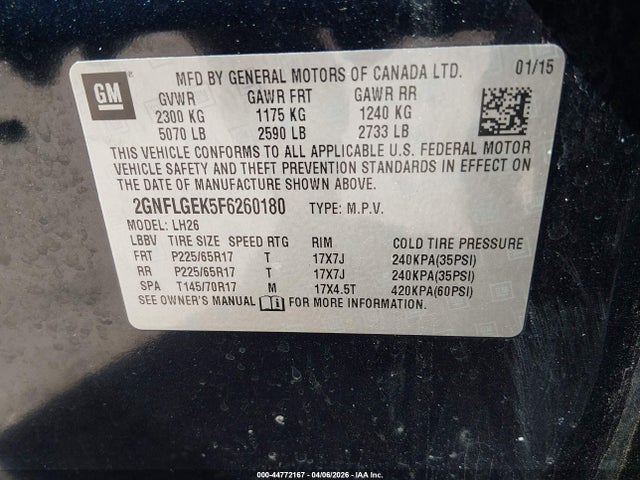 Продажа на аукционе авто 2015 Chevrolet Equinox 2lt, vin: 2GNFLGEK5F6260180, номер лота: 44772167