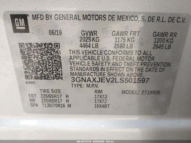 Продаж на аукціоні авто 2020 Chevrolet Equinox Fwd 2fl, vin: 3GNAXJEV2LS501597, номер лоту: 44772178