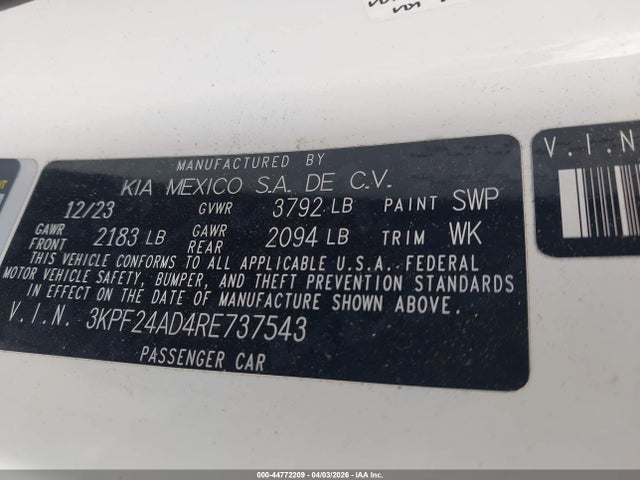 44772209 :رقم المزاد ، 3KPF24AD4RE737543 vin ، 2024 Kia Forte Lxs مزاد بيع
