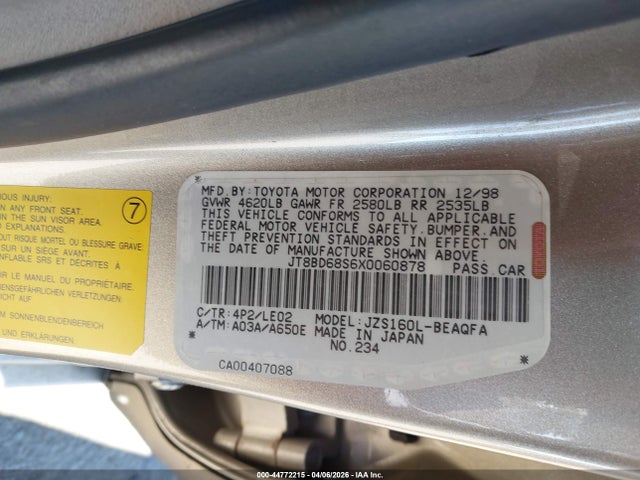 44772215 :رقم المزاد ، JT8BD68S6X0060878 vin ، 1999 Lexus Gs 300 مزاد بيع