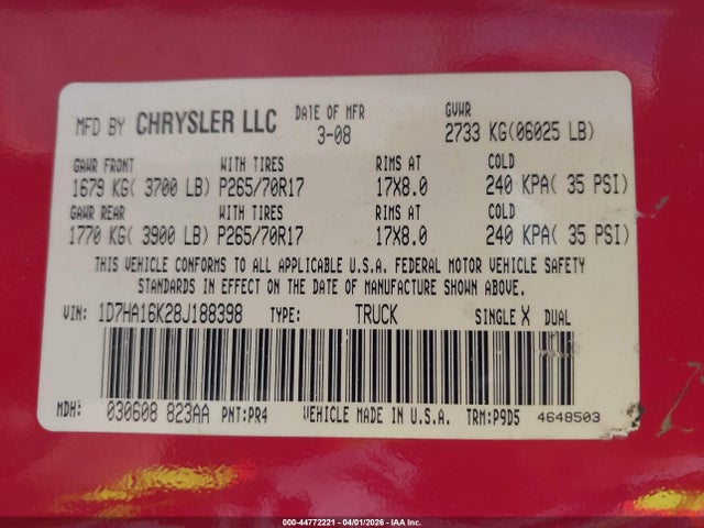 44772221 :رقم المزاد ، 1D7HA16K28J188398 vin ، 2008 Dodge Ram 1500 St/sxt مزاد بيع