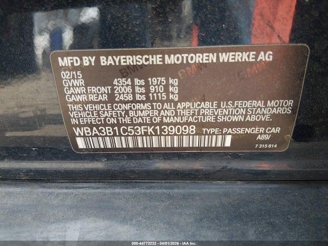 Aukcja sprzedaży 2015 Bmw 320i, vin: WBA3B1C53FK139098, numer aukcji: 44772232