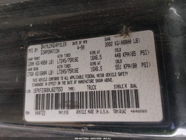 44772254 :رقم المزاد ، 1B7KF2368XJ627553 vin ، 1999 Dodge Ram 2500 St مزاد بيع
