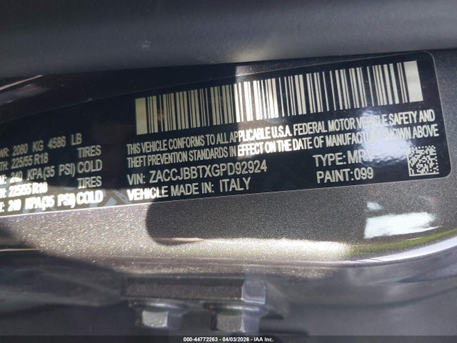 2016 Jeep Renegade Justice მანქანა იყიდება აუქციონზე, vin: ZACCJBBTXGPD92924, აუქციონის ნომერი: 44772263