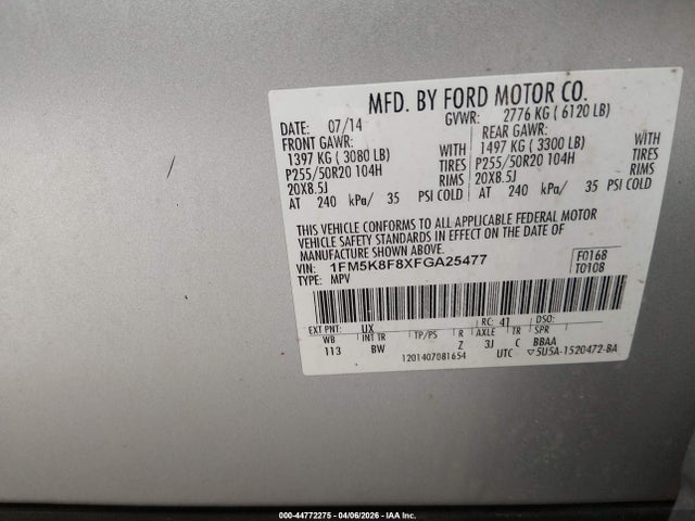 2015 Ford Explorer Limited მანქანა იყიდება აუქციონზე, vin: 1FM5K8F8XFGA25477, აუქციონის ნომერი: 44772275