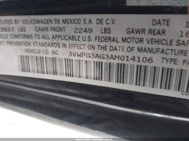 44772280 :رقم المزاد ، 3VWPG3AG3AM014106 vin ، 2010 Volkswagen New Beetle 2.5l مزاد بيع