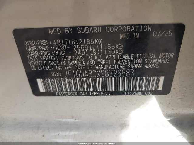 Aukcja sprzedaży 2025 Subaru Impreza Base 5-door, vin: JF1GUABCXS8326883, numer aukcji: 44772282